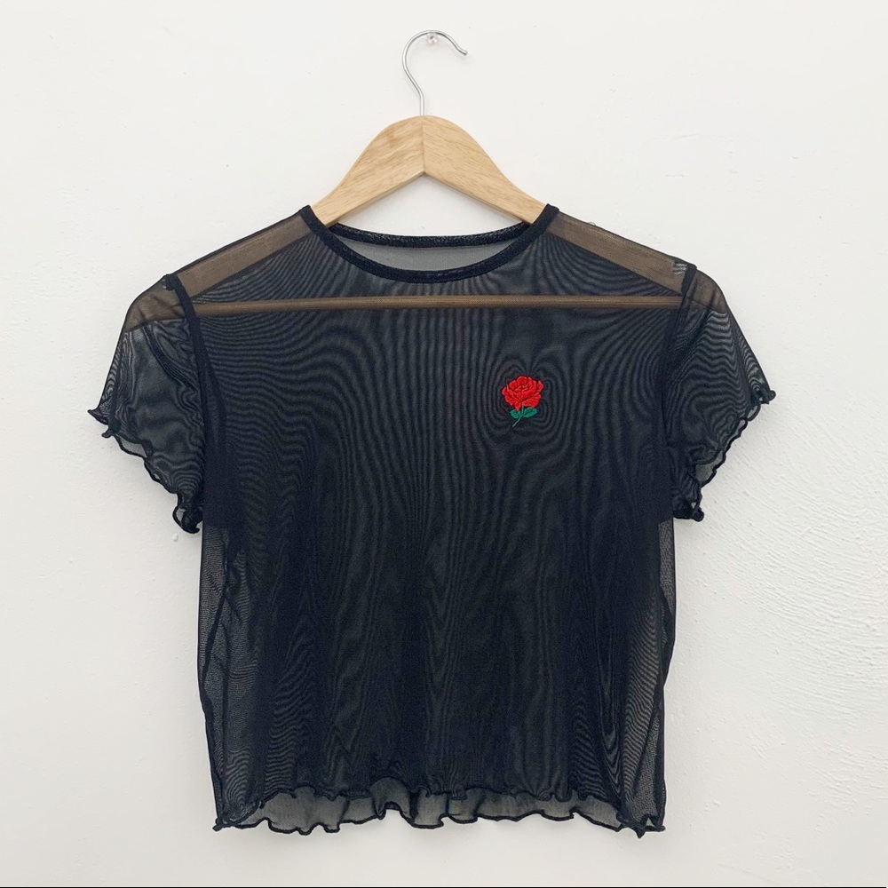 SOLD 90s Black Sheer Rose Crop Top - Picture 1 of 6